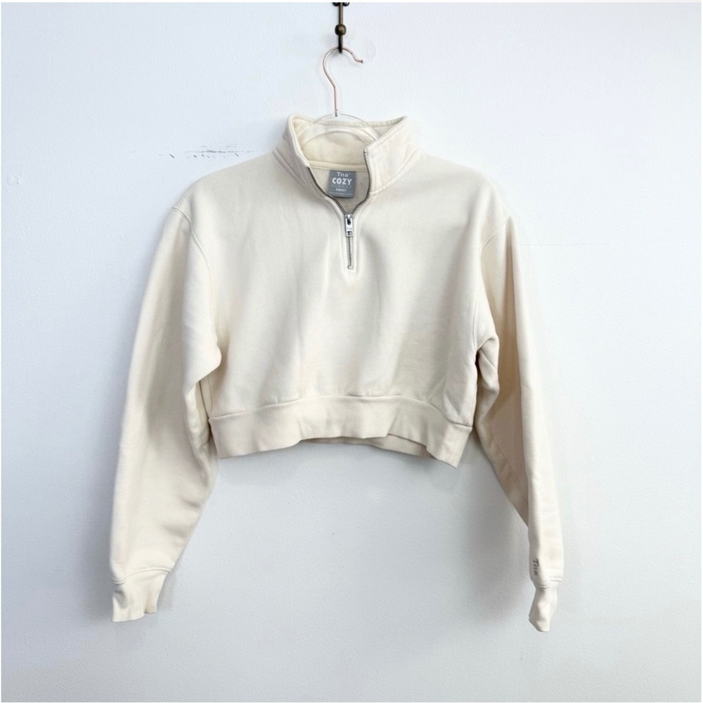 Aritzia TNA Cozy Fleece Cropped Half Zip Sweatshirt Cream Beige Small - Picture 3 of 6